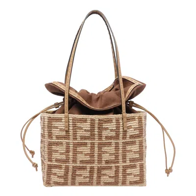 Fendi Small Roll Rafia Shopper In Brown