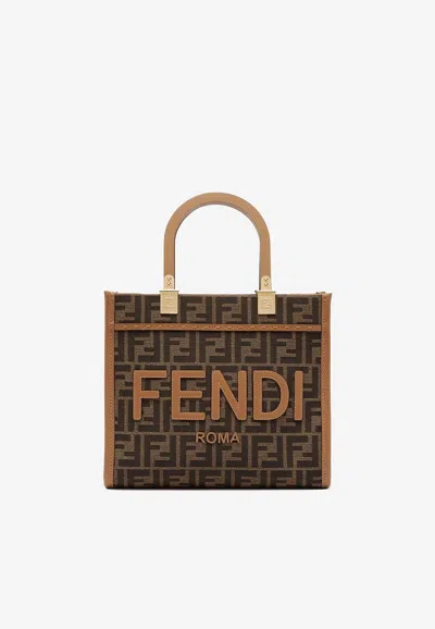 Fendi Small Sunshine Ff Jacquard Top Handle Bag In Brown