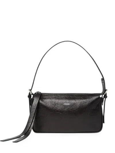 Fendi Small Zip Top Crinkled-leather Shoulder Bag In Black