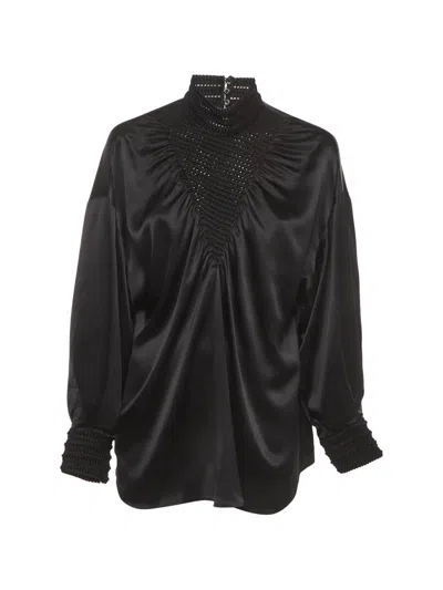 Pre-owned Fendi Smocked-neck Long-sleeve Blouse In Black