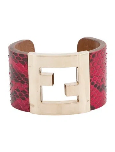 Pre-owned Fendi Snakeskin & Leather Cuff Bracelet, 6.5" In Brown