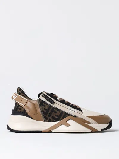 Fendi Beige Leather Sneakers With Ff Motif In Brown