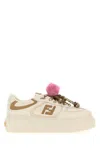 Fendi Low Top Platform Shoes In White Leather With Charm In Neutral