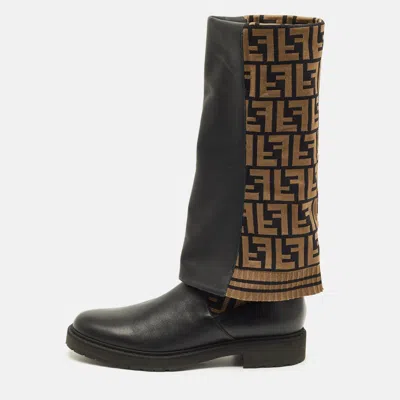 Pre-owned Fendi Sock Size 40 Black/brown Zucca Fabric And Leather Over The Knee Boots