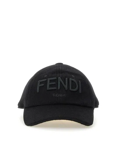 Fendi Men Wool Blend Baseball Hat With Logo Embroidery In Black