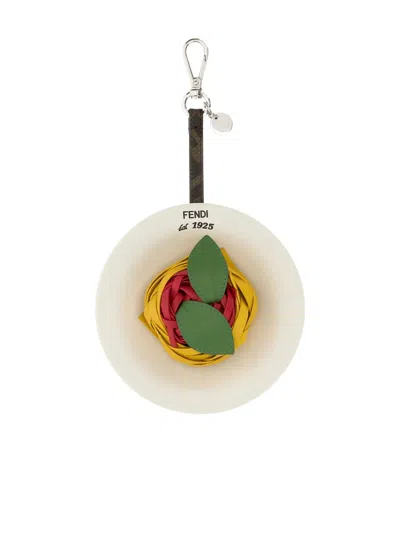 Fendi Round Flower Leather Charm Keychain In White