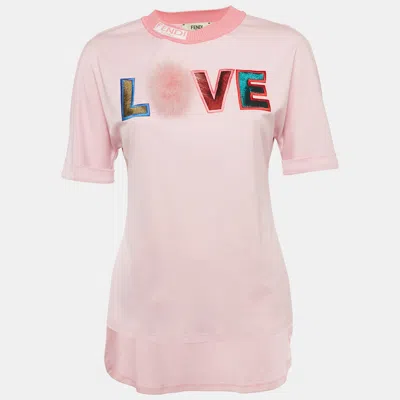 Pre-owned Fendi Special Edition Pink Fox Fur Trim Jersey T-shirt Xs
