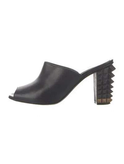 Pre-owned Fendi Spike Accents Leather Slides In Black