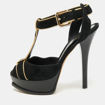 Pre-owned Fendi Spuntata Size 38 Black/gold Suede T-strap Platform Sandals