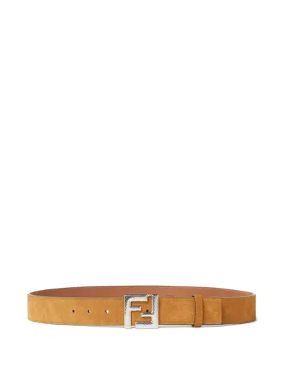 Fendi Slim Belt Suede Buckle Ff Squared In Brown