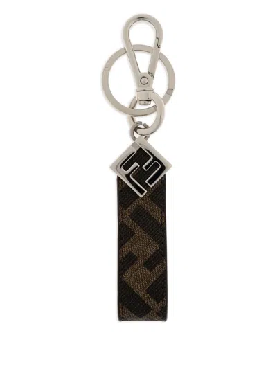 Fendi Square Logo Plaque Keyring In Brown