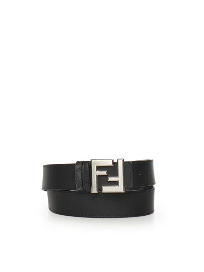 Fendi Squared Ff Belt In Leather And Ff Jacquard Canvas In White