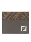 Fendi Brown Card-holder With Squared Ff Motif In Leather And Ff Canvas Man In Brown