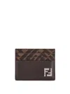Fendi Brown Card-holder With Squared Ff Motif In Leather And Ff Canvas Man In Brown