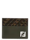 Fendi Brown Card-holder With Squared Ff Motif In Leather And Ff Canvas Man In Military Green