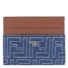 Fendi Blue Denim Effect Ff Jacquard Card Holder And Brown Leather Men In Brown