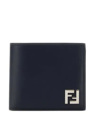 Fendi Squared Ff Leather And Ff Canvas Compact Bi-fold Wallet In Black