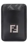 Fendi Black Leather And Black Ff Canvas Card Holder In Black