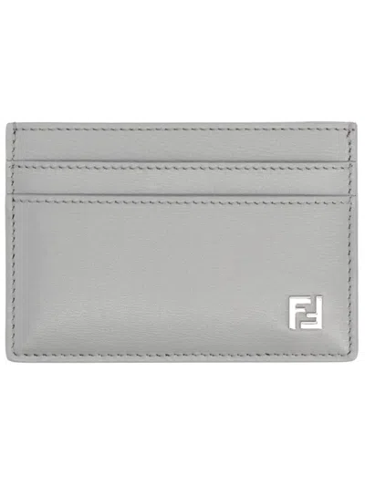 Fendi Squared Ff Mini Calf Leather Card Case 7.2 Cm X 10.5 Cm X 0.5 Cm In Gray
