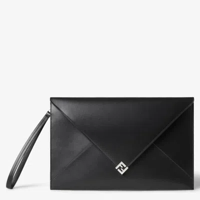 Fendi Large Flat Pouch With Envelope Design And Wrist Strap In Black