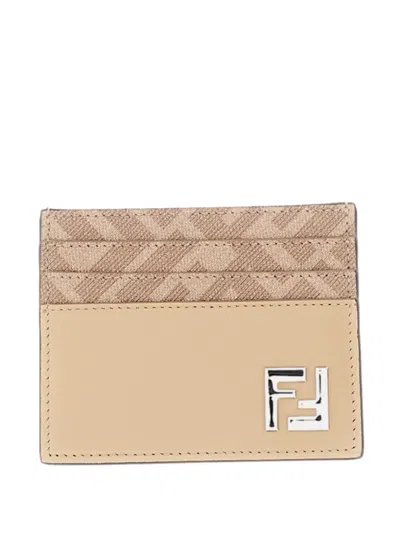 Fendi Squared Logo-plaque Leather Cardholder In Neutral
