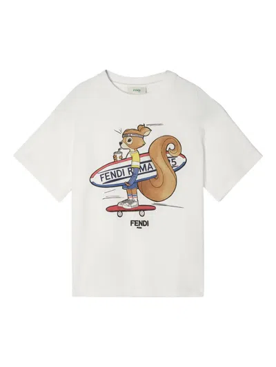 Fendi Kids' Squirrel-print Skateboarding T-shirt In White