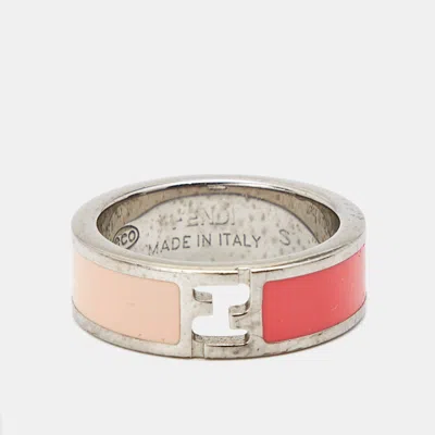 Pre-owned Fendi Sta Bicolor Enamel Silver Tone Ring Size 51