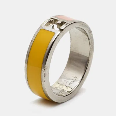Pre-owned Fendi Sta Bicolor Enamel Silver Tone Ring Size 55