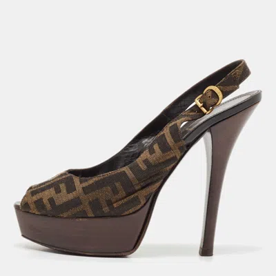 Pre-owned Fendi Sta Platform Peep Toe Slingback Pumps Size 39 In Brown