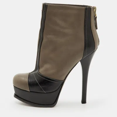 Pre-owned Fendi Sta Size 36 Taupe Brown/black Leather Platform Ankle Length Boots