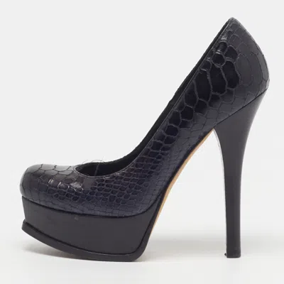 Pre-owned Fendi Sta Size 36.5 Navy Blue Python Embossed Leather Platform Pumps