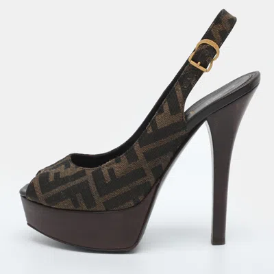 Pre-owned Fendi Sta Size 36.5 Tobacco Zucca Canvas Platform Slingback Sandals In Brown