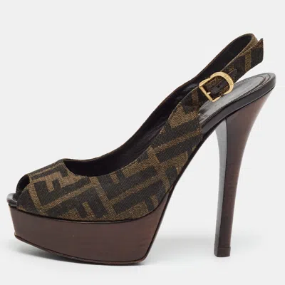 Pre-owned Fendi Sta Size 37 Brown Canvas Platform Slingback Sandals