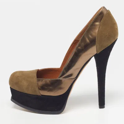 Pre-owned Fendi Sta Size 38 Green /gold Leather And Suede Platform Pumps