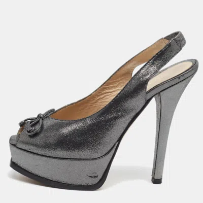 Pre-owned Fendi Sta Size 38 Grey Lurex Fabric Bow Peep Toe Slingback Pumps