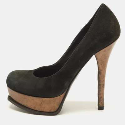 Pre-owned Fendi Sta Size 39 Black/brown Suede And Patent Leather Platform Pumps