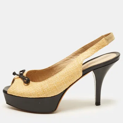 Pre-owned Fendi Sta Size 39.5 Beige Raffia Peep Toe Slingback Pumps In Sand