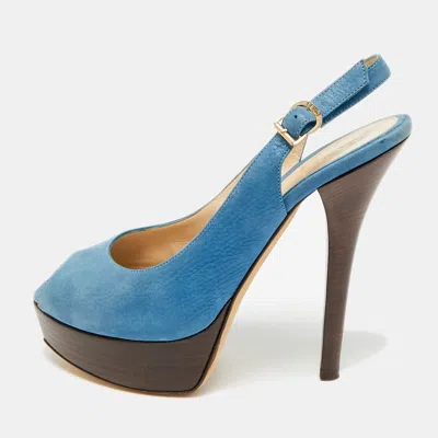 Pre-owned Fendi Sta Size 40 Blue Nubuck Leather Peep Toe Slingback Pumps