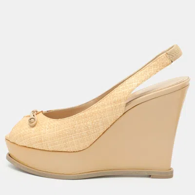 Pre-owned Fendi Sta Size 41 Beige Raffia Wedge Sandals