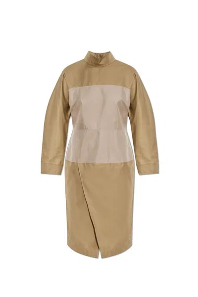 Fendi Stand Up Collar Midi Dress In Beige