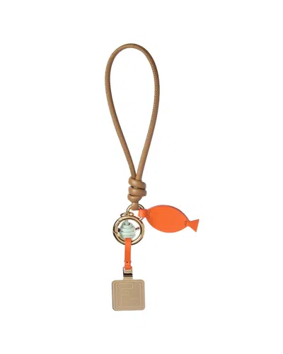 Fendi Steel & Leather Key Charm In Brown