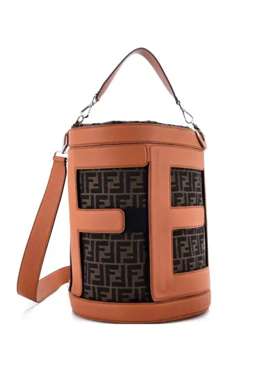 Pre-owned Fendi Step Out Leather And Zucca Canvas Large Bucket Bag In Brown