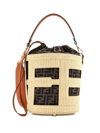 Pre-owned Fendi Step Out Straw And Zucca Canvas Medium Bucket Bag In Brown