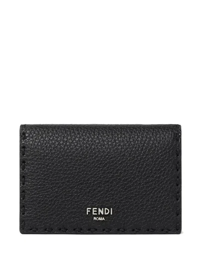Fendi Stitched Selleria Leather Card Holder In Black