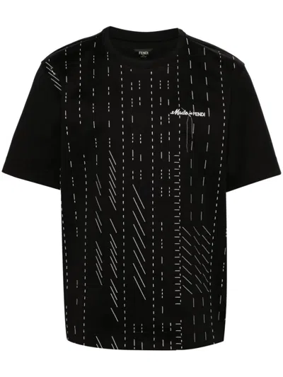 Fendi Logo-embroidered Stitching T-shirt In Black  