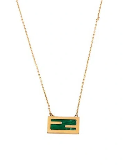 Pre-owned Fendi Stone Logo Pendant Necklace, 28.5" In Green
