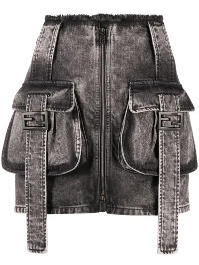 Fendi Stonewashed Denim Cargo Skirt In Black