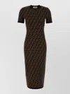 Fendi Stretch Cotton Blend Dress All Over Pattern In Brown