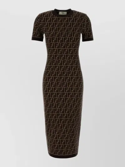 Fendi Stretch Cotton Blend Dress All Over Pattern In Brown