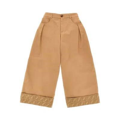 Fendi Stretch Gabardine Pants With Ff Cuff Kids In Brown